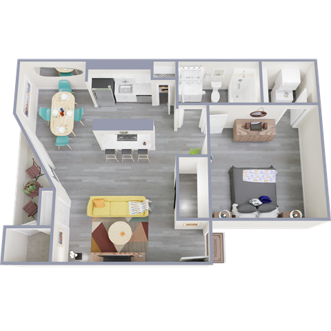 a 3d rendering of our 1 bedroom floor plan
